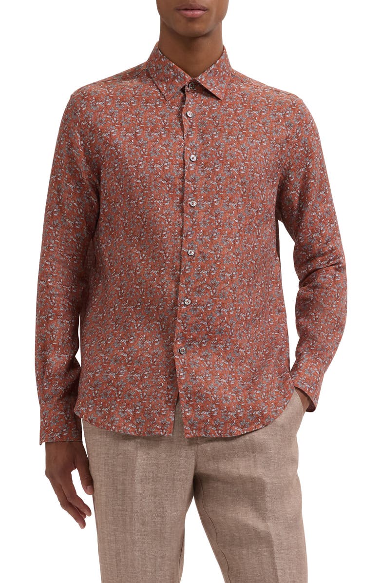 Bugatchi Julian Shaped Fit Floral Linen Button-Up Shirt, Main, color, Sienna