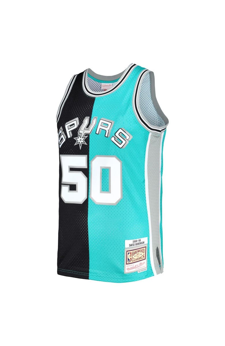 Mitchell & Ness Men's Mitchell & Ness David Robinson Black/Teal San Antonio Spurs Hardwood Classics 1998/99 Split Swingman Jersey, Alternate, color, 