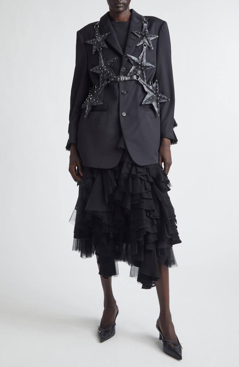 Noir Kei Ninomiya Single Breasted Wool Gabardine Blazer with Tulle Ruffles, Alternate, color, Black X Black