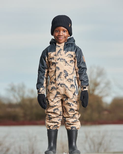 Shop Deux Par Deux Little Boy's Printed Mid-season One-piece Outerwear Black Dinosaur On Beige Background