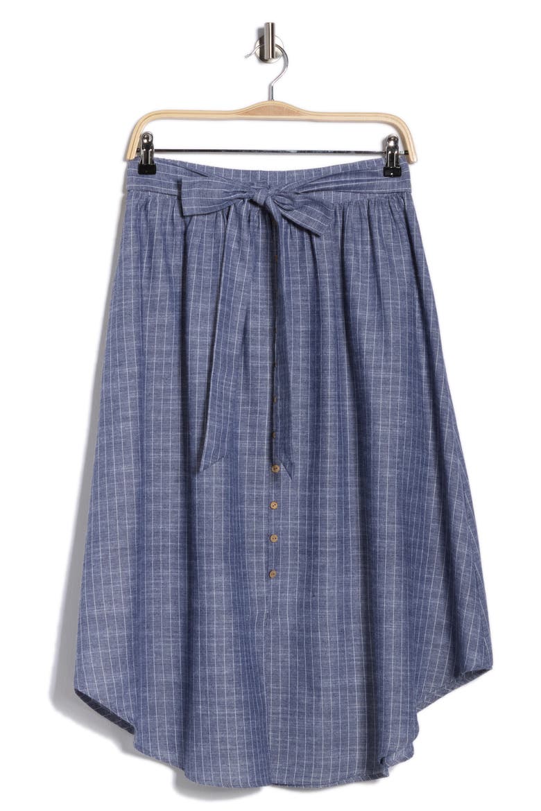 Stripe Linen & Cotton Curve Hem Skirt, Alternate, color, DENIM