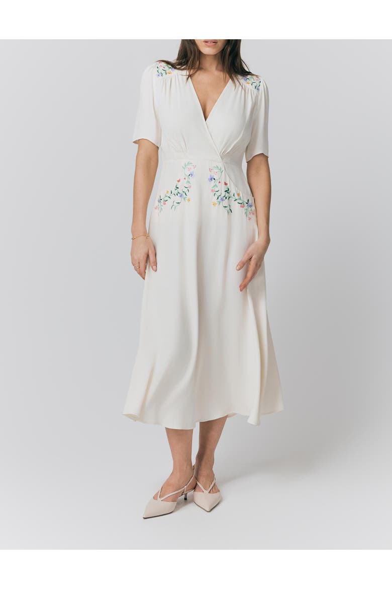 Maeve Embroidered Crepe Midi Tea Dress, Alternate, color, Ivory