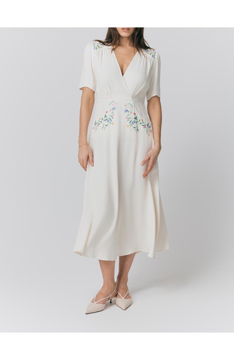Ghost London Maeve Embroidered Crepe Midi Tea Dress, Alternate, color, Ivory
