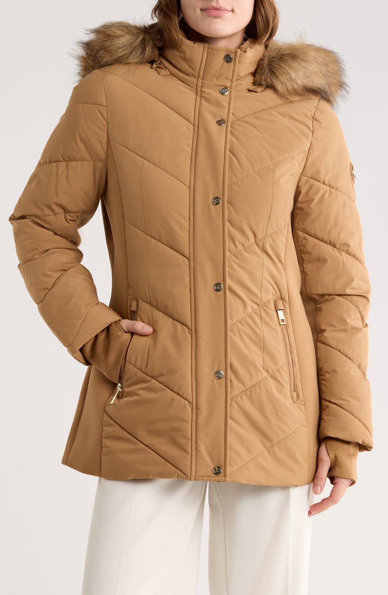 Michael Kors Faux Fur Trim Hooded Quilted Jacket, Main, color, Dark Camel