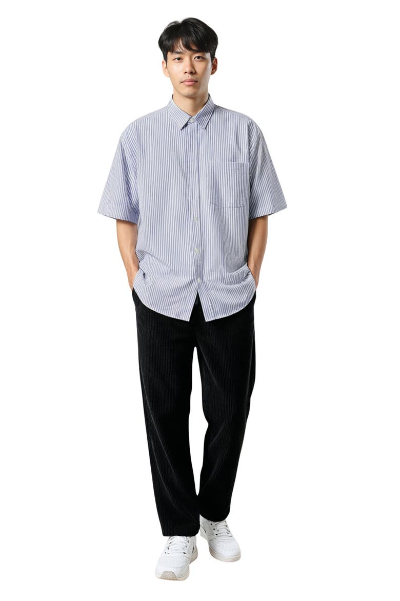 Oversize Pinstripe Short Sleeve Button-Up Oxford Shirt, Alternate, color, NAVY