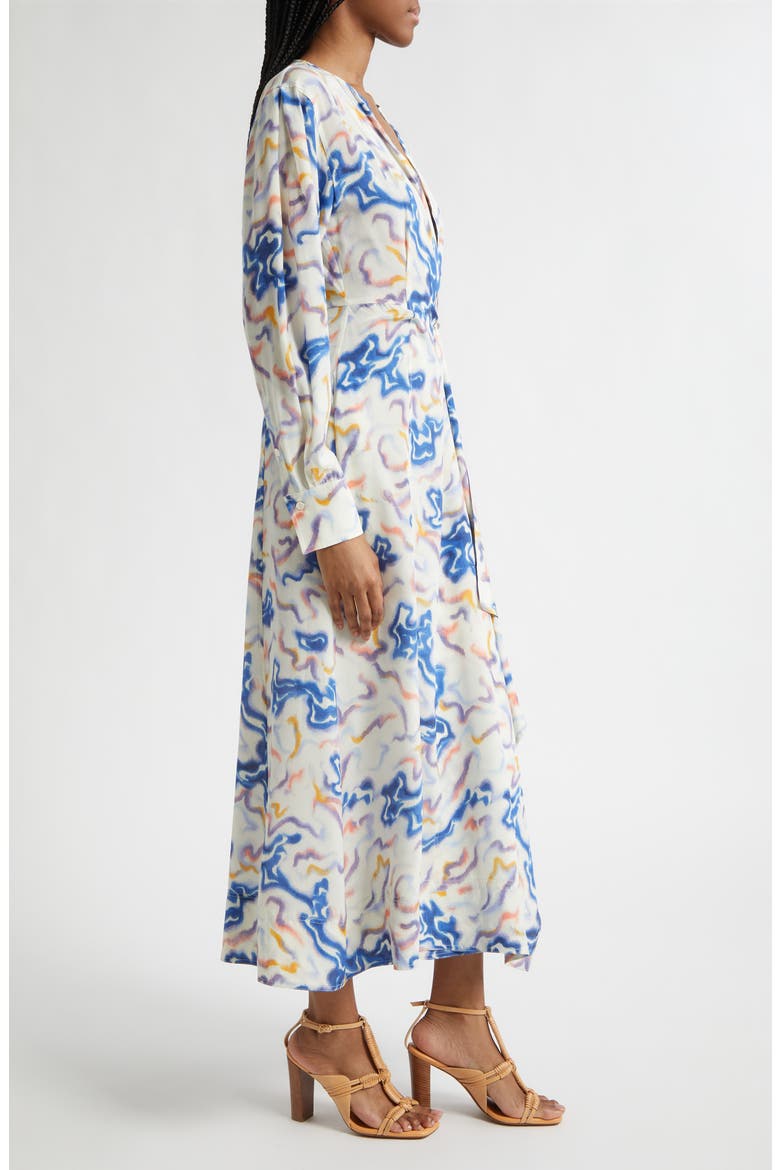 Adalyn Ikat Wave Print Long Sleeve Silk Crêpe de Chine Midi Dress, Alternate, color, PRISM