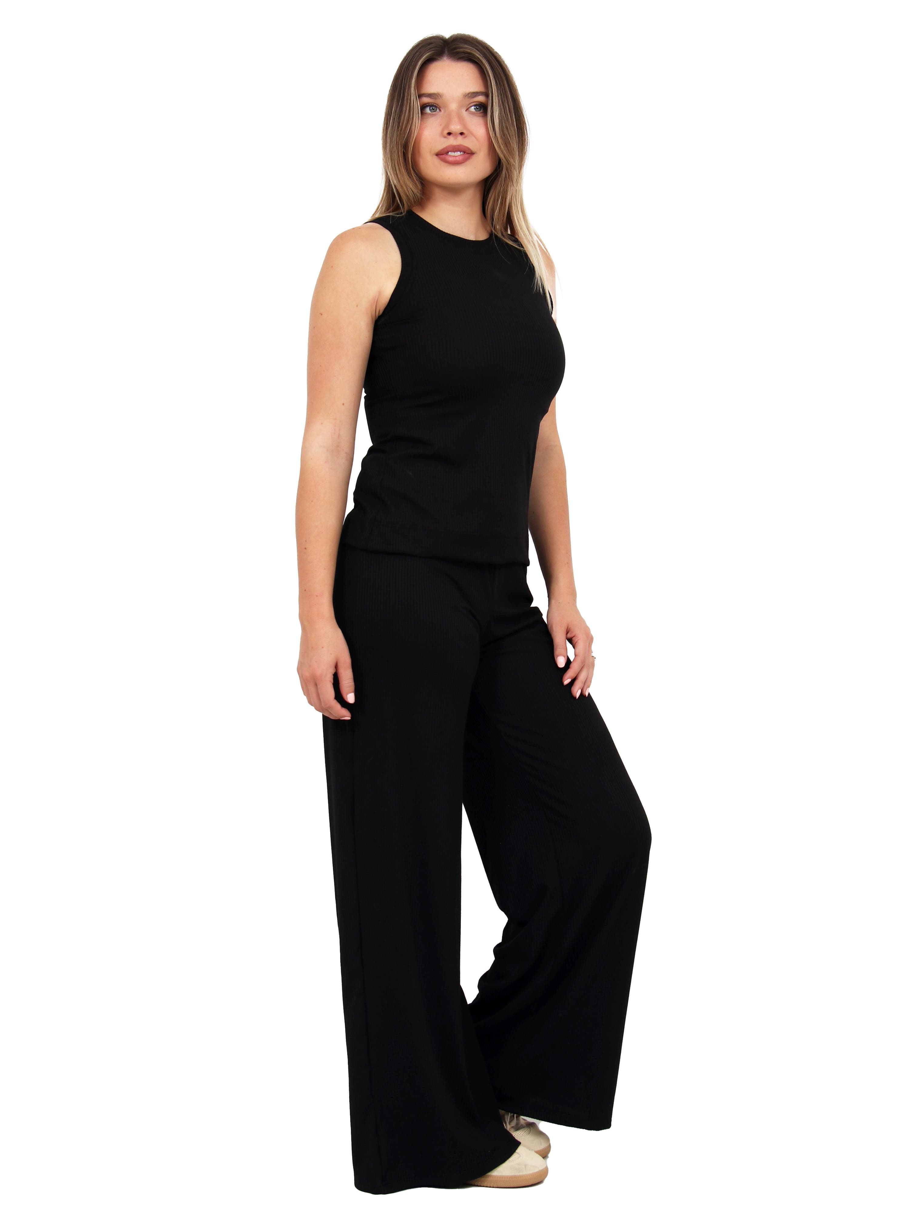 Womens Basic Ribbed Knit Tank Top and Elastic Waist Wide Leg Pant Set - image 2