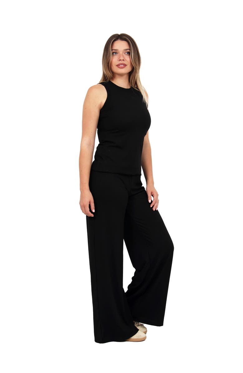 24seven Comfort Apparel Womens Basic Ribbed Knit Tank Top and Elastic Waist Wide Leg Pant Set, Alternate, color, Black