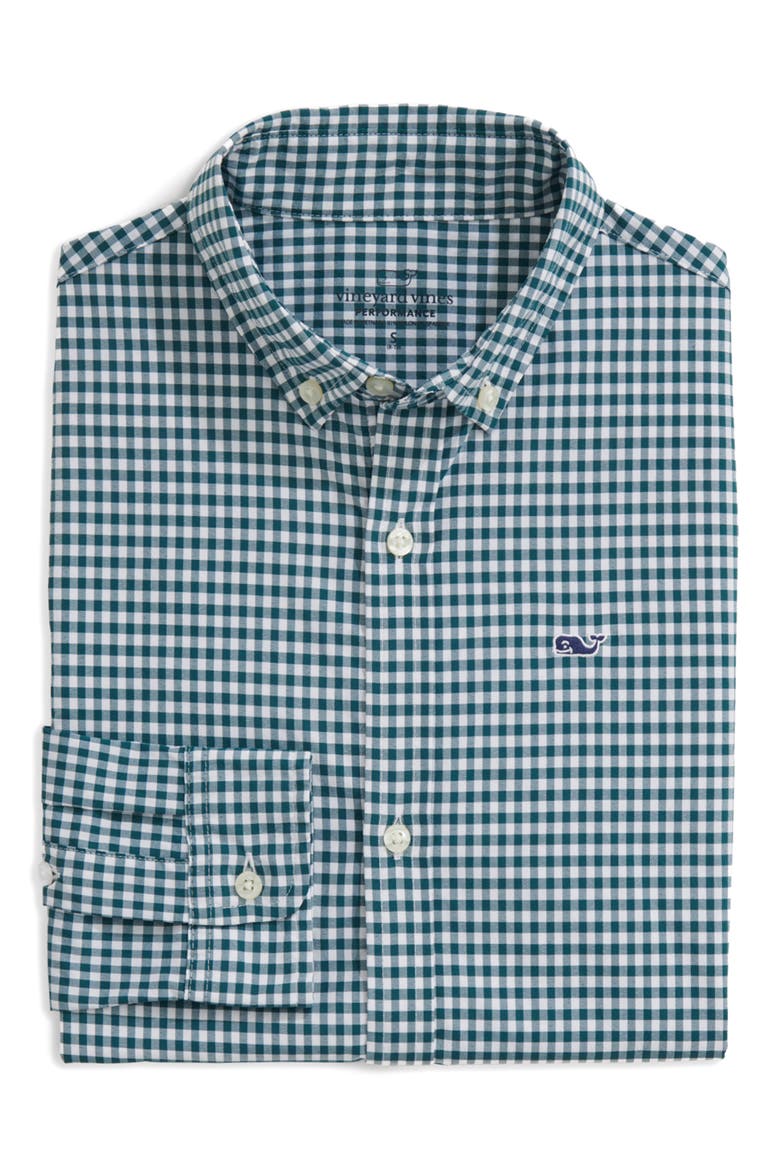 Kids' Gingham Performance Whale Button-Down Shirt, Alternate, color, ARAWAKGING CHARLESTON GREEN