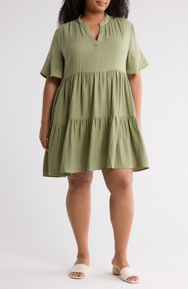 Caslon<sup>®</sup> Short Sleeve Tiered Babydoll Dress, Main, color, Olive Acorn