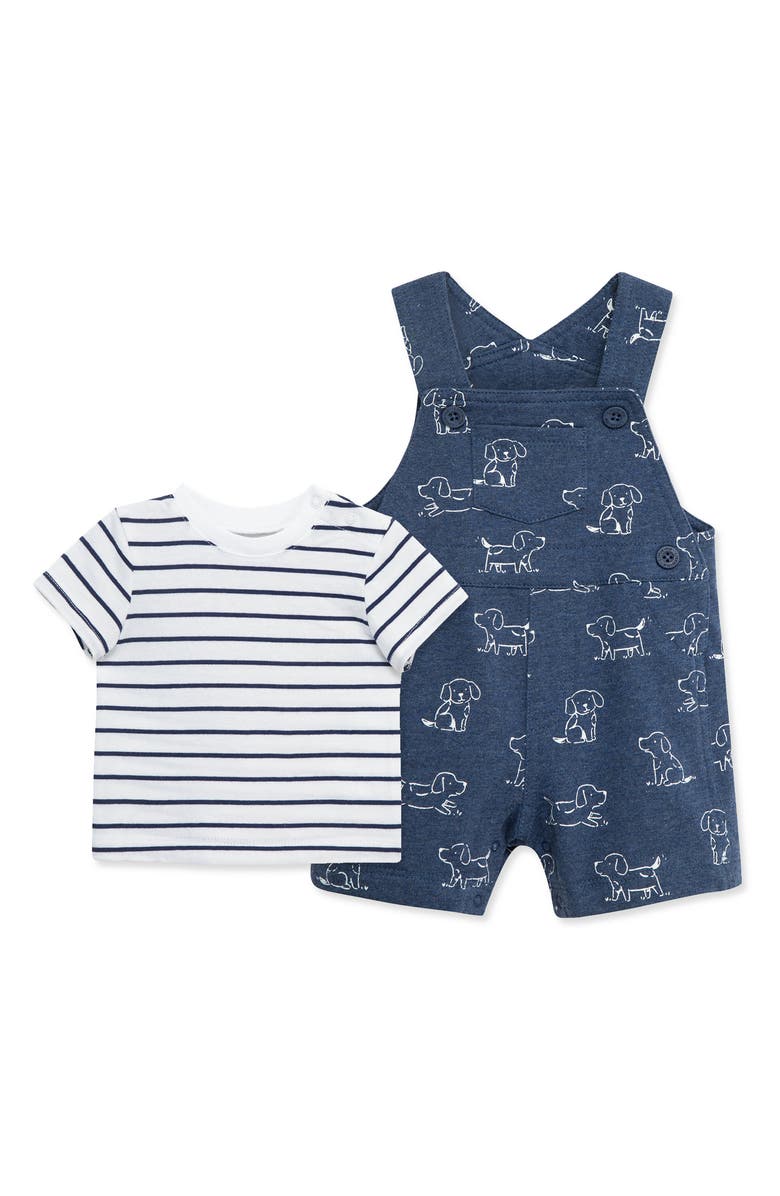 Little Me Puppies Cotton T-Shirt & Overalls Set, Main, color, Blue