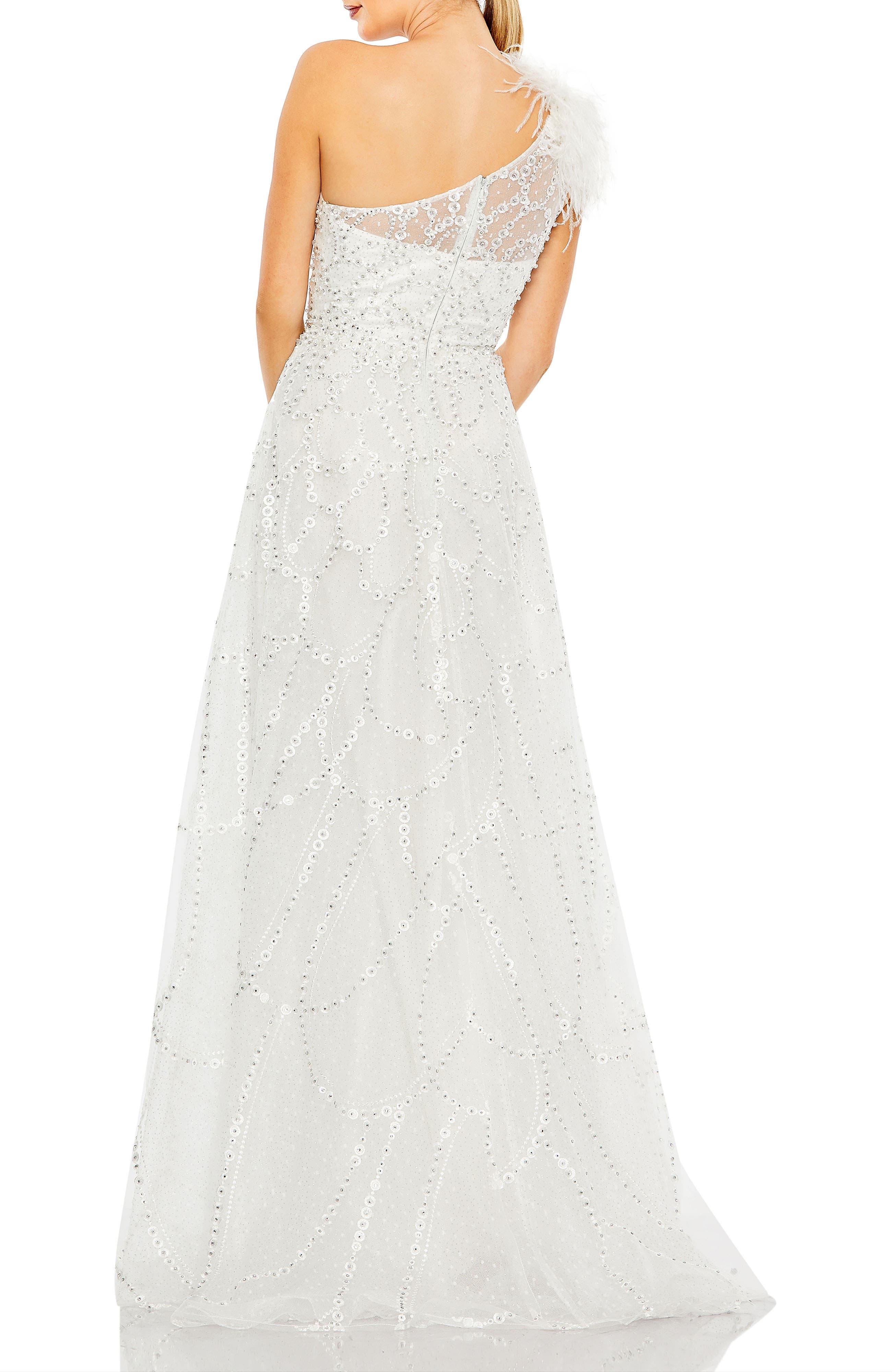 Embellished One-Shoulder A-Line Gown with Feather Accent - image 4