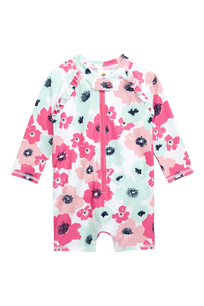 One-Piece Rashguard Swimsuit, Main, color, WHITE- PINK BOLD FLORAL