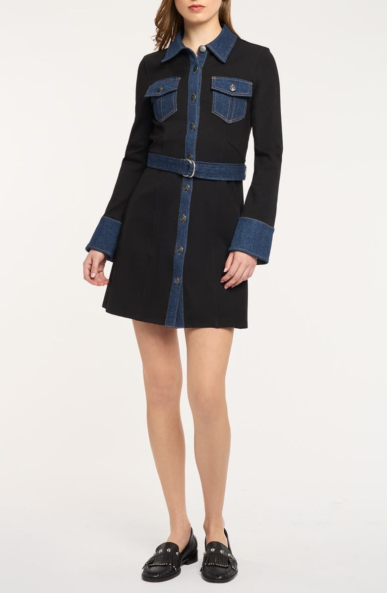 Cinq à Sept Aliza Denim Trim Long Sleeve Dress, Main, color, Black/ Fontaine
