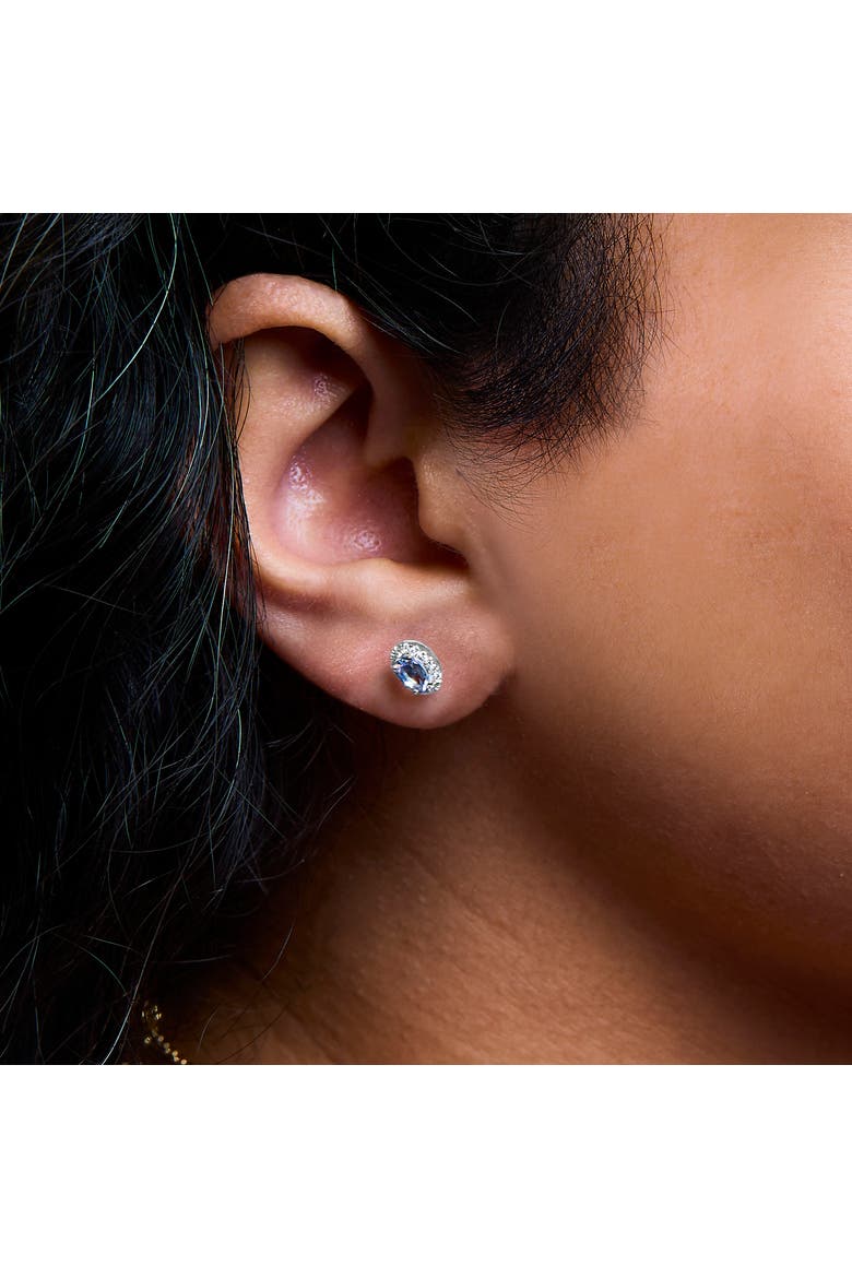 10K White Gold 5x3 MM Oval Cut Birthstone and Diamond Halo Stud Earrings, Alternate, color, Blue Aquamarine