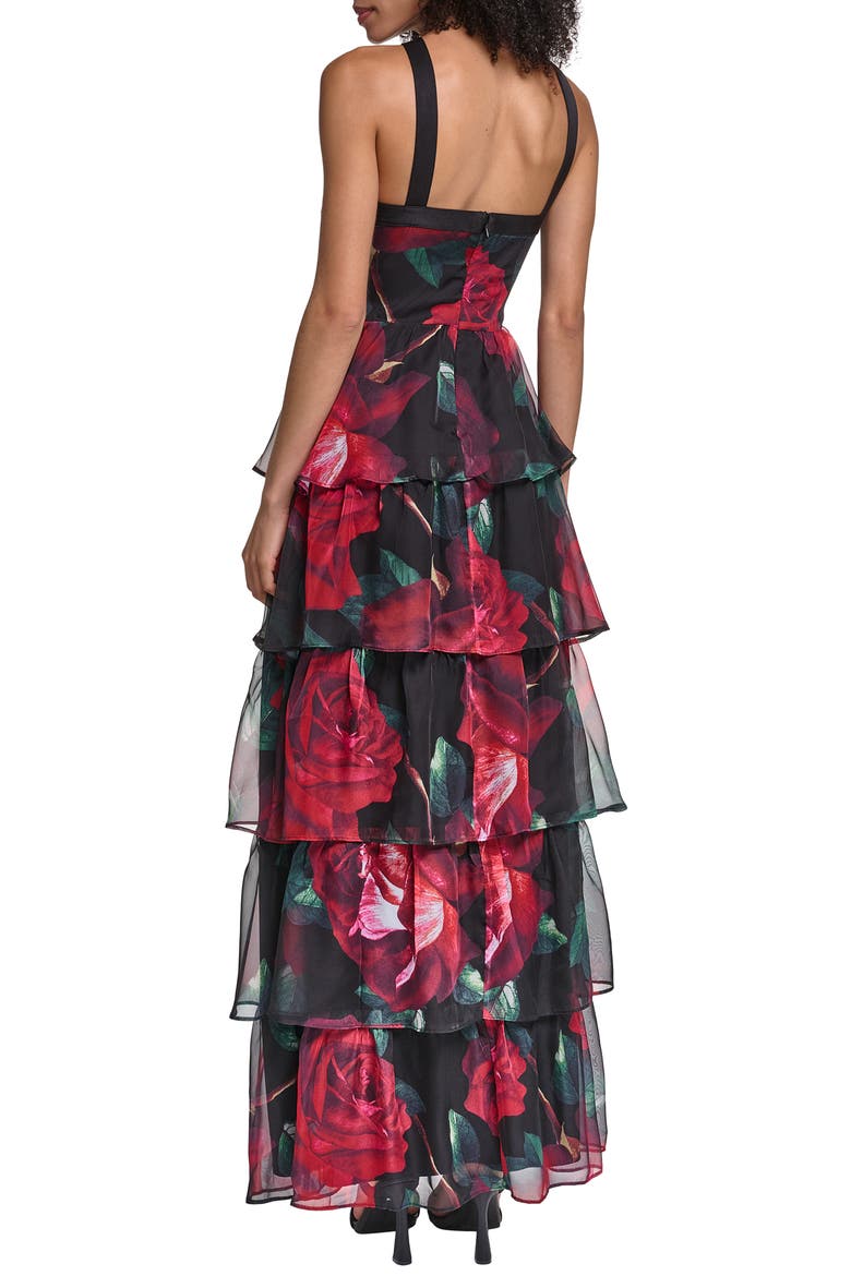 Floral Halter Neck Tiered Gown, Alternate, color, BLACK MULTI