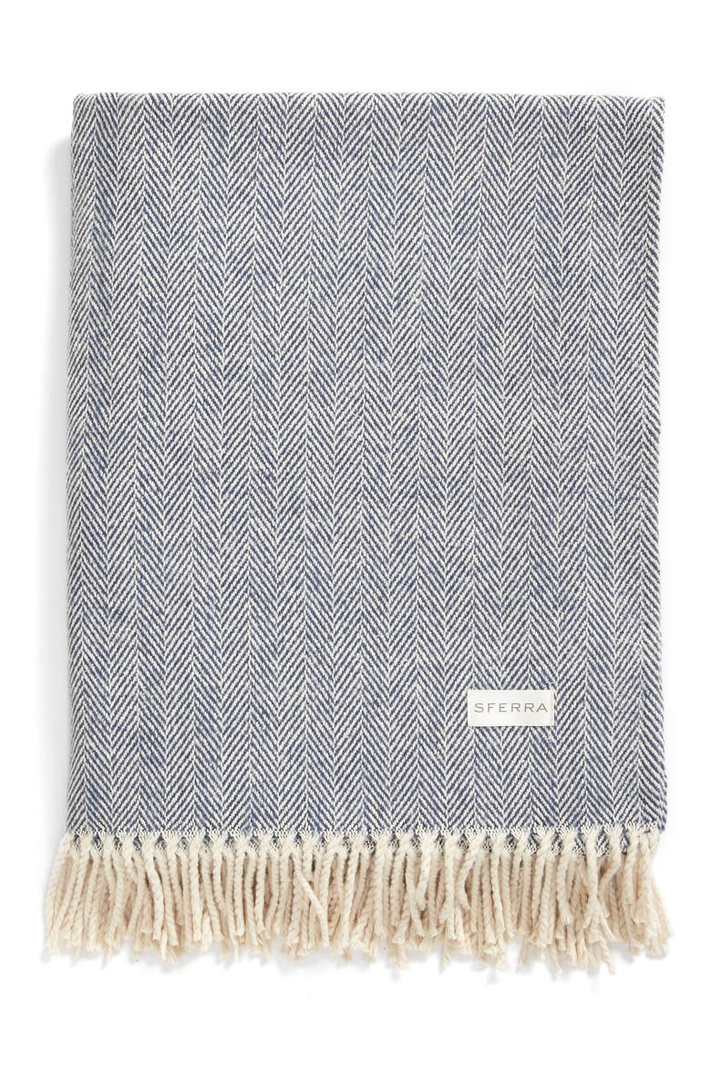 Celine Fringed Herringbone Cotton Throw, Main, color, NAVY