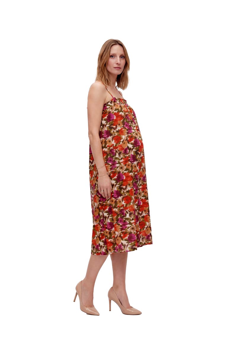 24seven Comfort Apparel Maternity Essential Abstract Print Spaghetti Strap Smocked Pocket A-Line Maxi Dress, Alternate, color, Red Multi