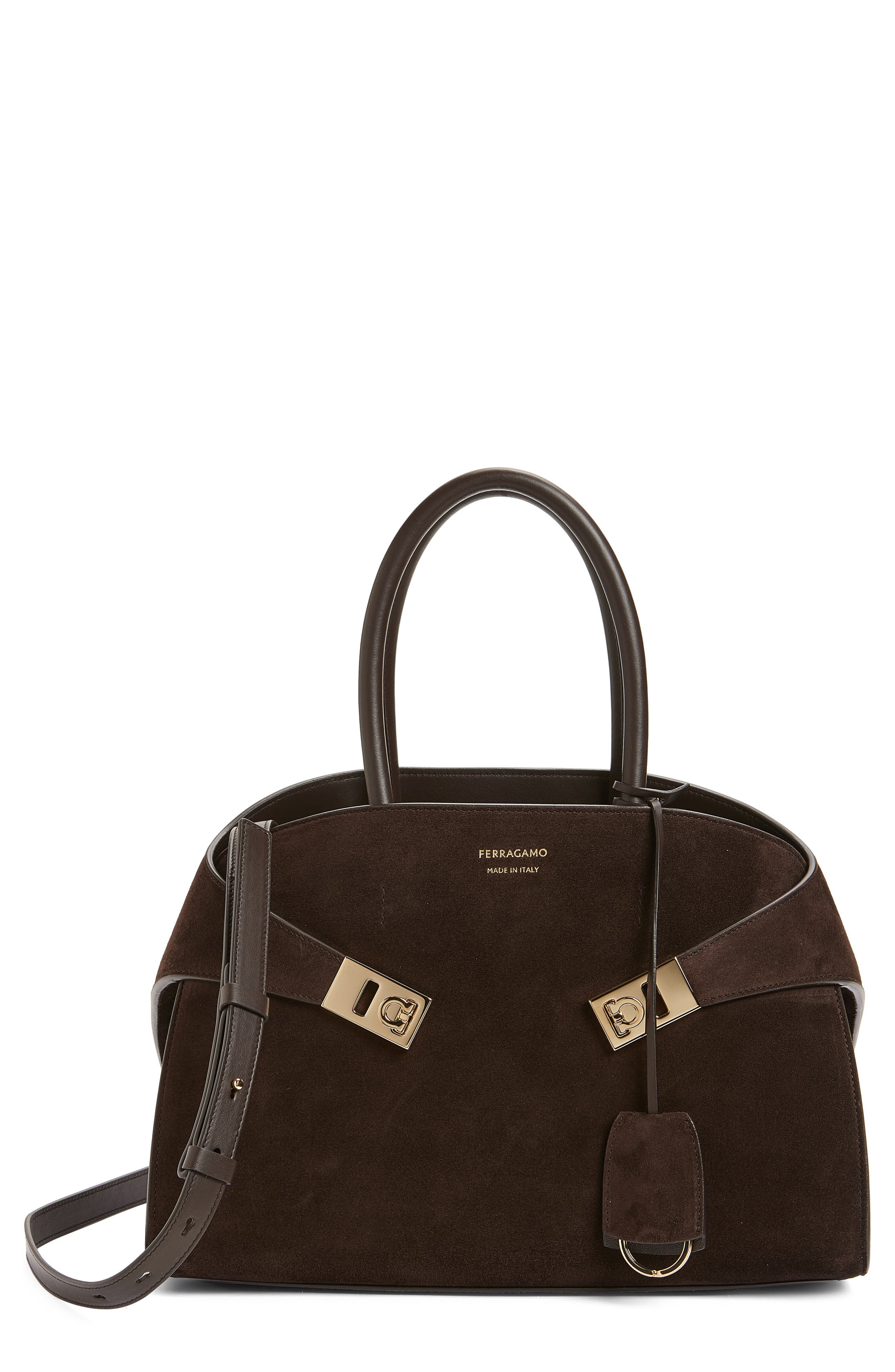 FERRAGAMO Small Hug Leather Top Handle Bag, Main, color, Testa Di Moro