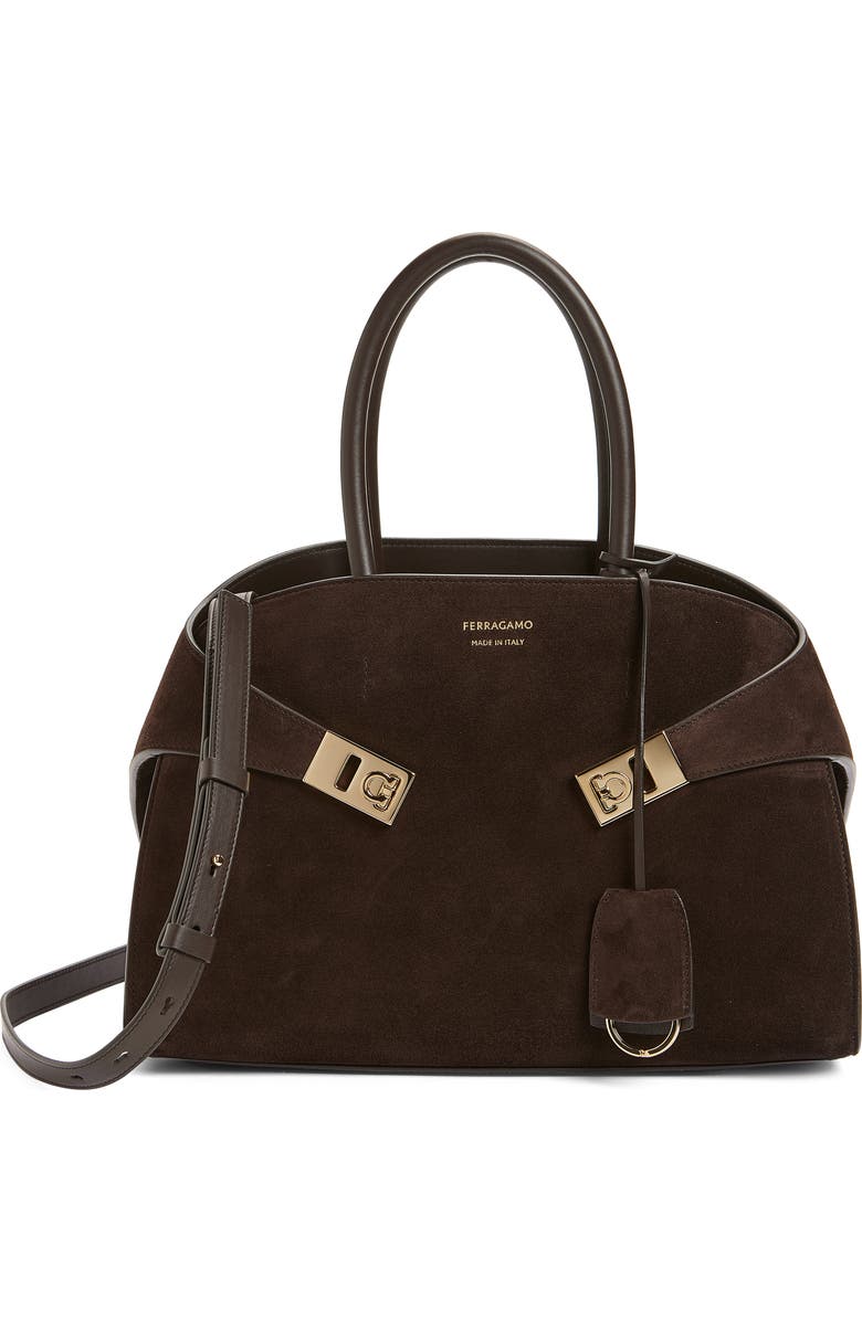 FERRAGAMO Small Hug Leather Top Handle Bag, Main, color, Testa Di Moro