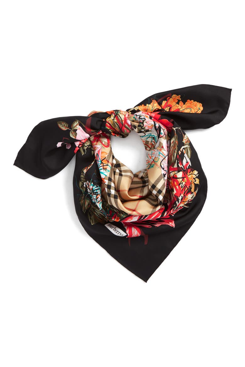 Floral Scribble Square Silk Scarf, Alternate, color, BLACK