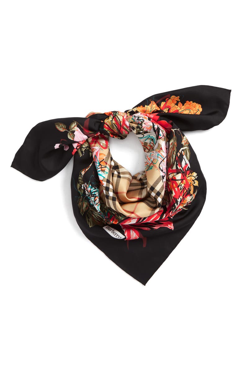 Burberry Floral Scribble Square Silk Scarf, Alternate, color, 