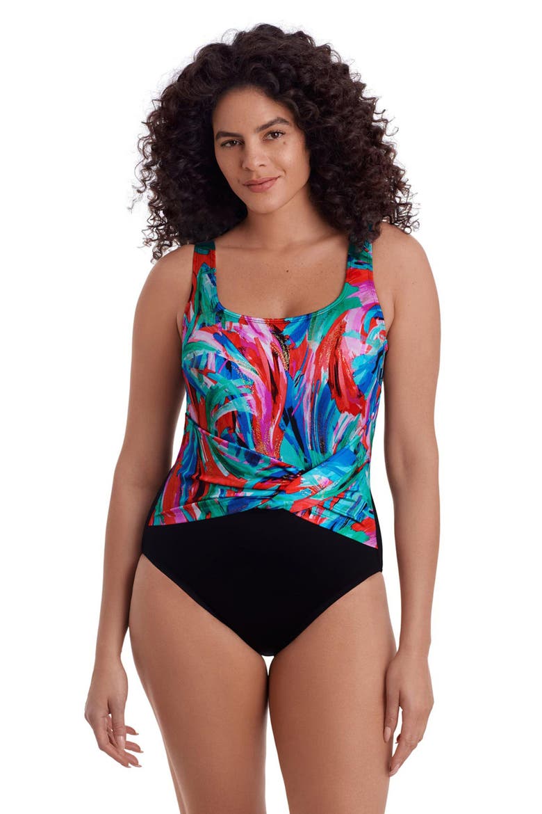 Twist Pull Sash Tank Long Torso One-Piece Swimsuit, Main, color, Carnival Dance