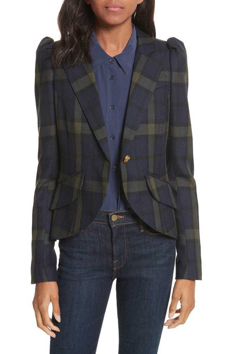 Smythe Pouf Sleeve Plaid Blazer, Main, color, 