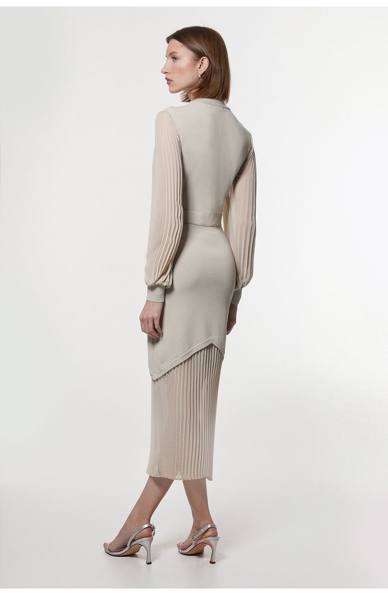 Karen Millen Petite Woven Sleeved Pleated Dress, Alternate, color, Stone