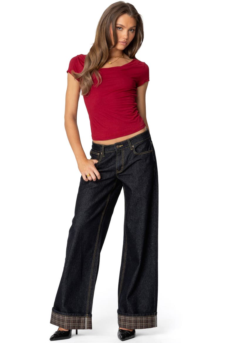 Plaid Cuff Wide Leg Jeans, Alternate, color, BLUE