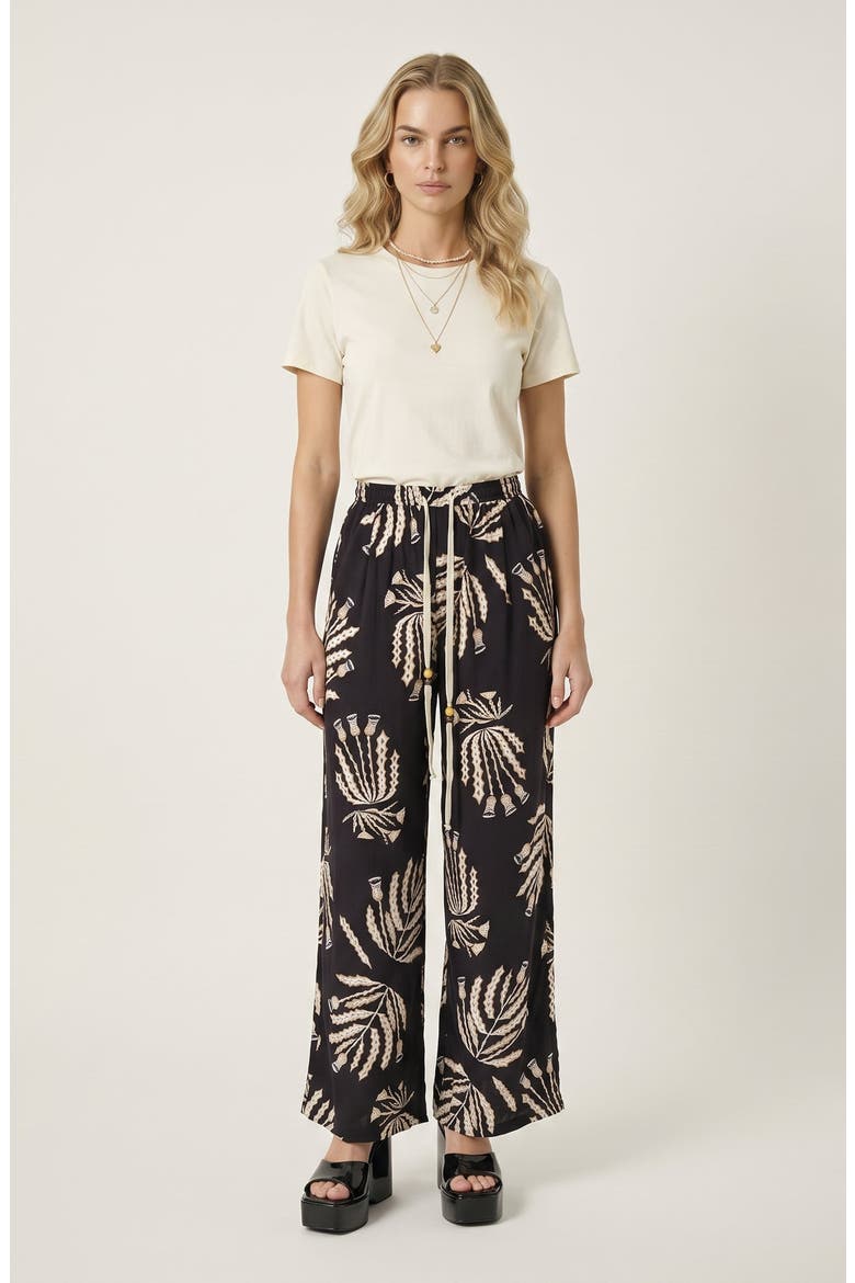 Botanical Print Wide Leg Pants with Drawstring Waist and Side Pockets, Alternate, color, Black