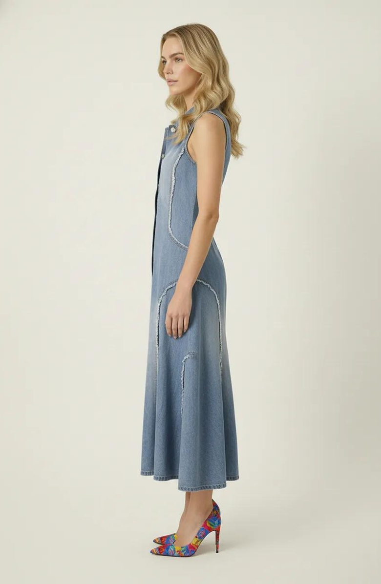Modenaire Sleeveless Denim Button Front Midi Dress, Alternate, color, Light Blue Wash