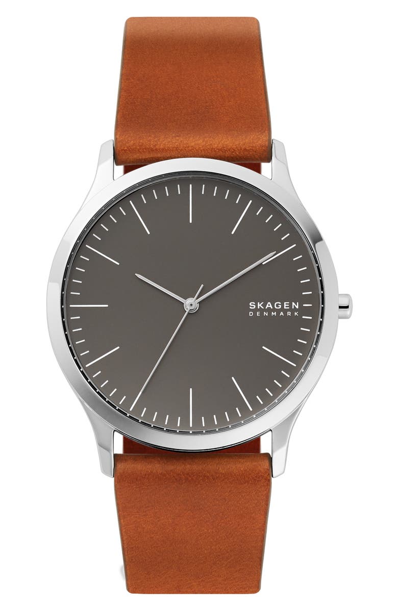 Skagen Jorn Leather Strap Watch, 41mm, Main, color, 
