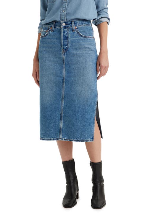 Side Slit Denim Midi Skirt