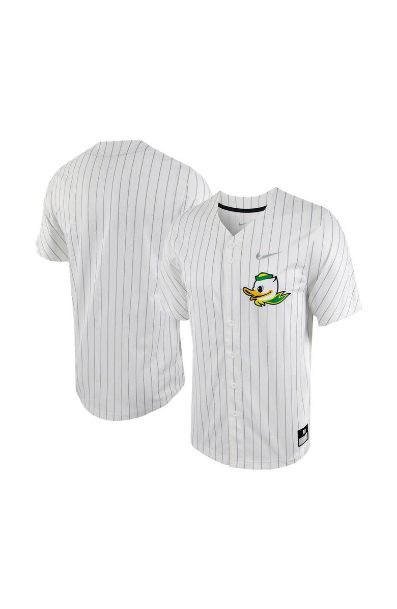 Nike Men's Nike White/Silver Oregon Ducks Pinstripe Replica Full-Button Baseball Jersey, Main, color, 