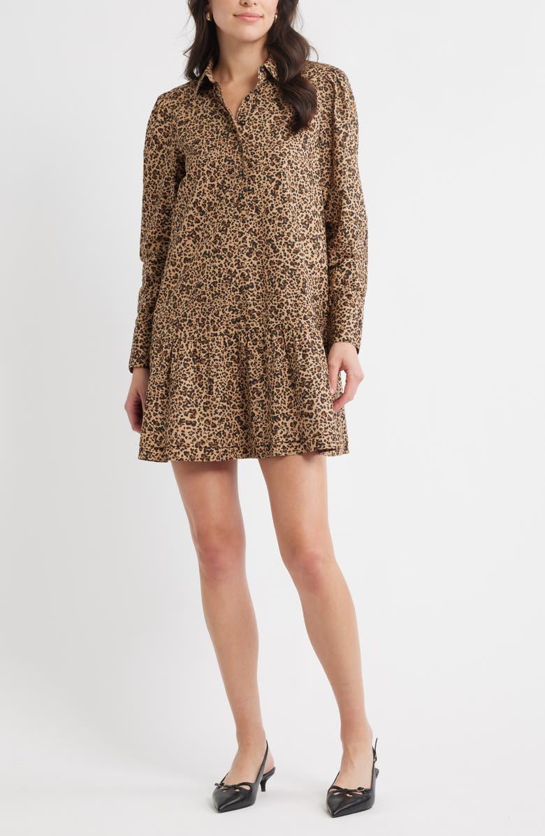 Caslon<sup>®</sup> Paper Long Sleeve Cotton Poplin Shirtdress, Main, color, Tan Tannin Jackie Leopard