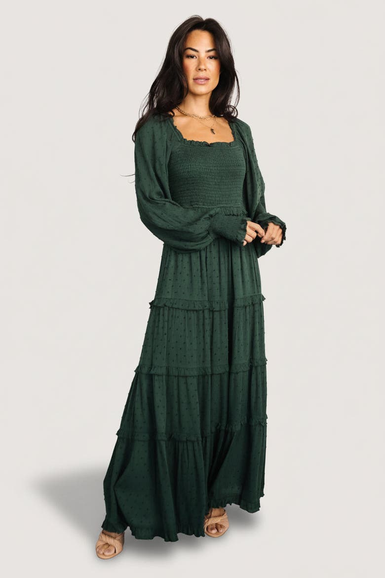Amanda Smocked Dotted Maxi Dress, Main, color, Evergreen
