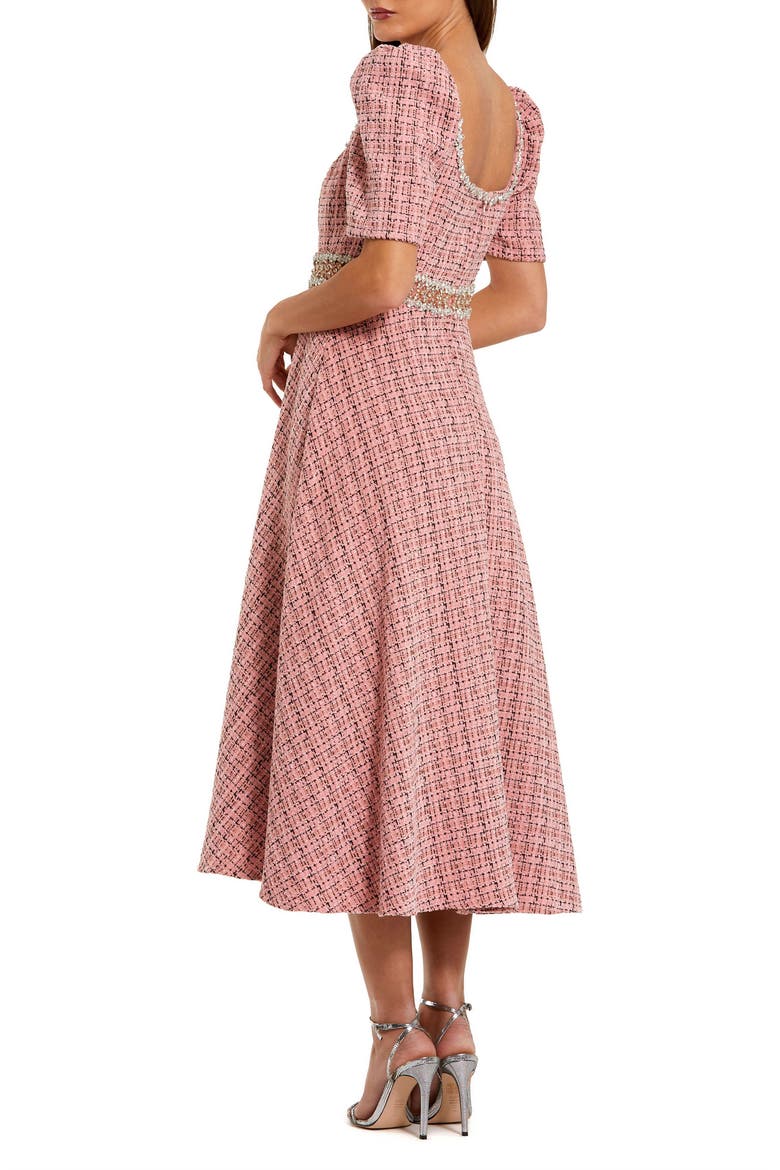 Puff Sleeve Boucle Midi Dress With Beaded Belt, Alternate, color, Pink Multi