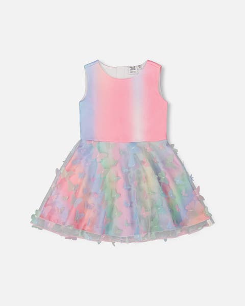 Girl's Milano Dress With Printed Mesh Skirt Multicolored With Butterflies