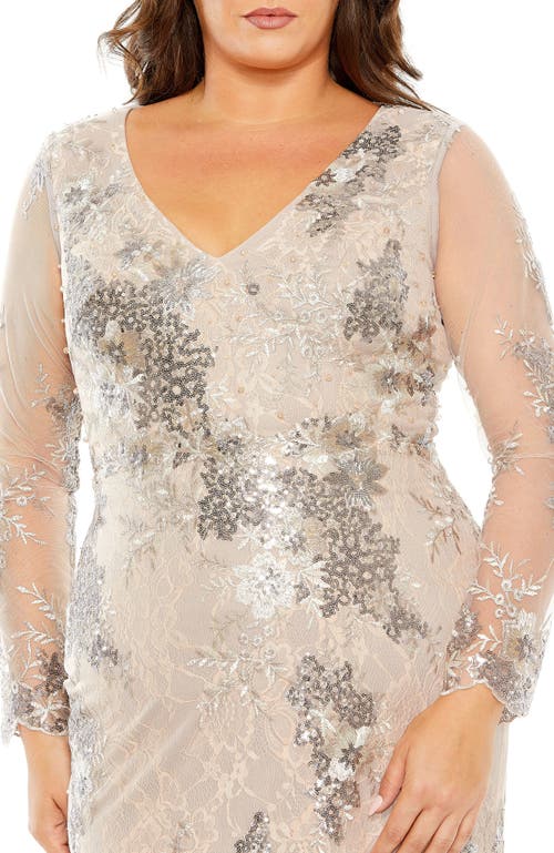 Mac Duggal V Neck Mesh Long Sleeve Embroidered Gown In Taupe