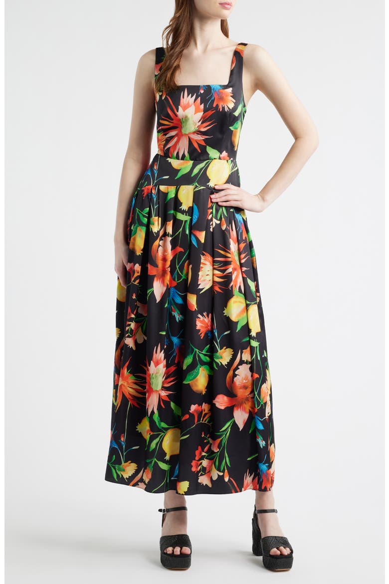 Juno Floral Print Midi Dress, Main, color, BLACK MULTI