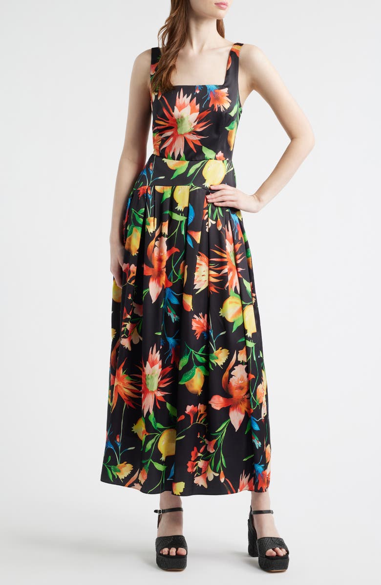 CIEBON Juno Floral Print Midi Dress, Main, color, Black Multi