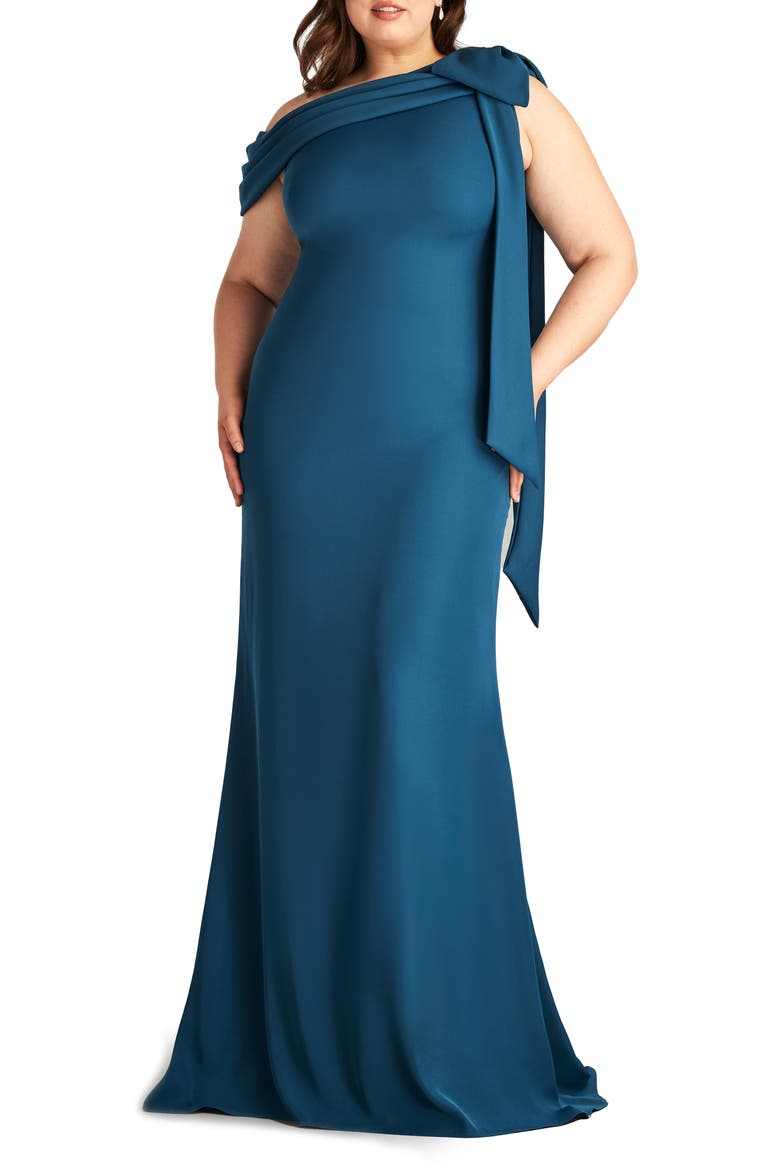 One-Shoulder Bow Detail Crepe Gown, Main, color, ECLIPSE