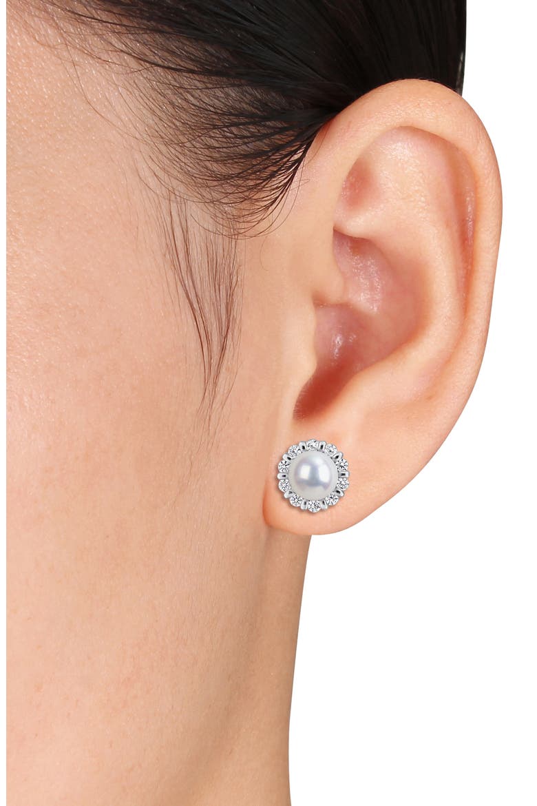 Cultured Pearl & Cubic Zirconia Halo Pendant Necklace & Stud Earrings Set, Alternate, color, SILVER