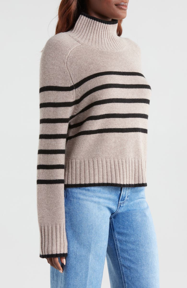 Reformation Brooke Crop Cashmere Turtleneck Sweater, Alternate, color, Toast / Black Stripe