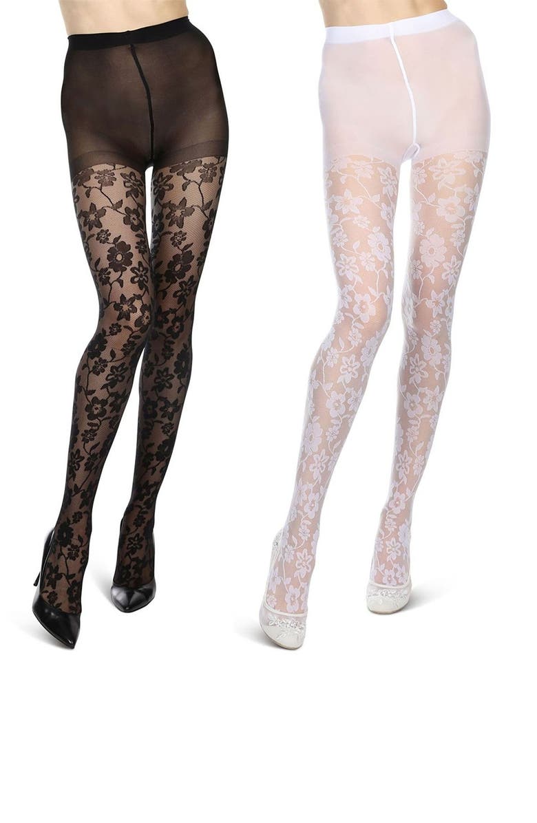 MeMoi Floral Assorted 2-Pack Sheer Tights, Alternate, color, Black-White