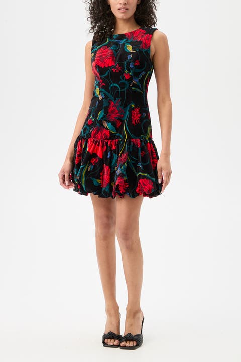 Splendored Bubble Hem Printed Velvet Dress