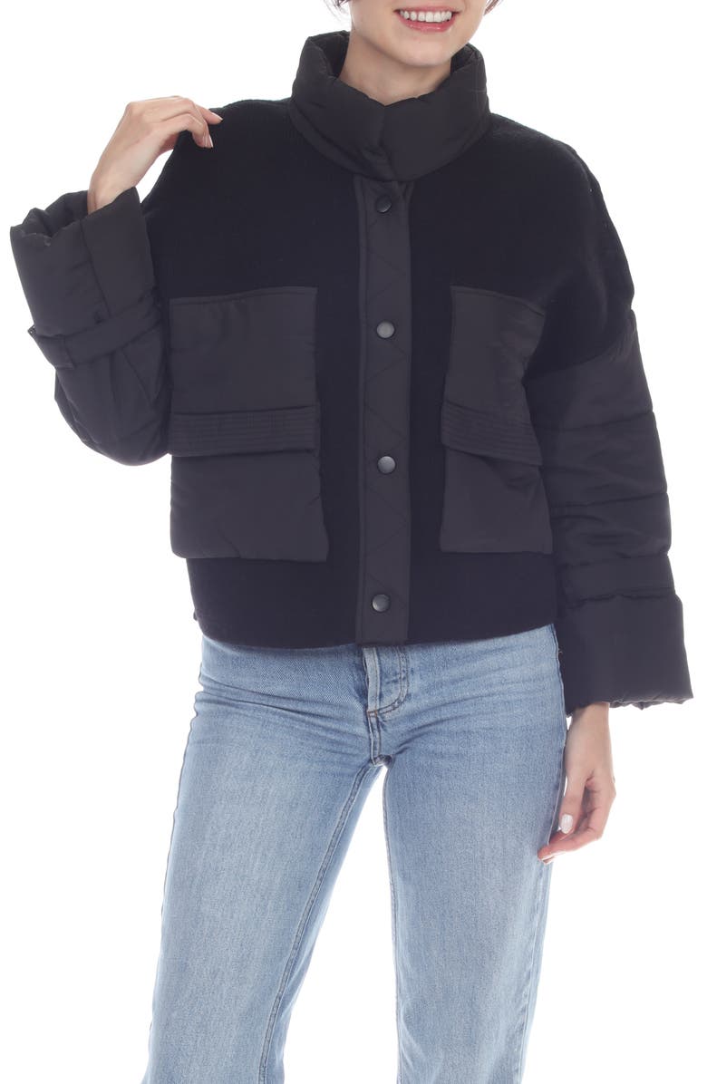 RAIN AND ROSE Mixed Media Bomber Jacket, Main, color, Black