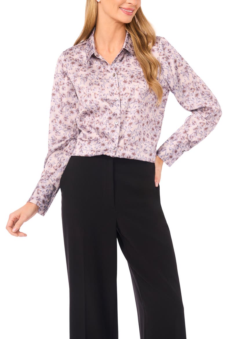 Petal Vine Print Charmeuse Button-Up Shirt, Main, color, CEMENT