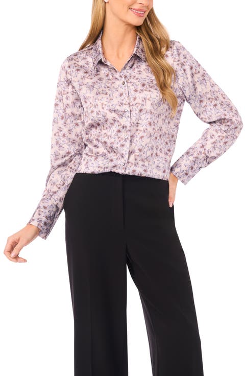 Halogen® Petal Vine Print Charmeuse Button-Up Shirt (Regular & Petite)